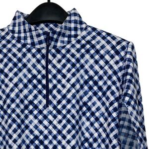 NEW IBKUL 1/4 Zip Golf Tennis Top Gingham Long Sleeve Mock Womens M Blue $101
